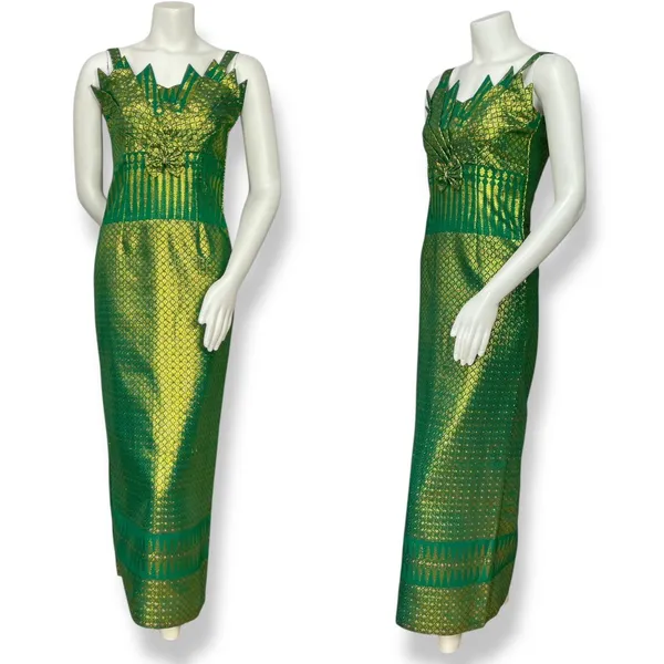 Origami Dress Formal Green Gold Mermaidcore Pointed Neckline‎ Sleeveless Women - Image 2
