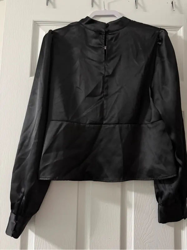 Black Satin Peplum Blouse Mock Neck Keyhole Puff Sleeve Top Office L InTempo - Image 4