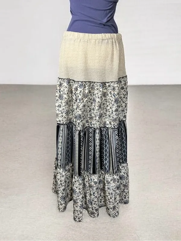 POL Mermaidcore Boho Tiered Maxi Skirt in Cream and Blue Prints Size Large - Image 2