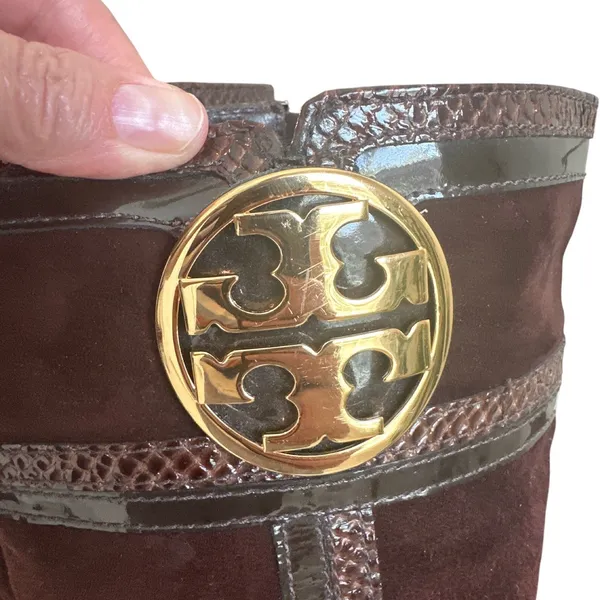 Tory Burch Brown Suede Riding Boots Snakeskin Gold Logo Knee High Sz 8 - Image 9