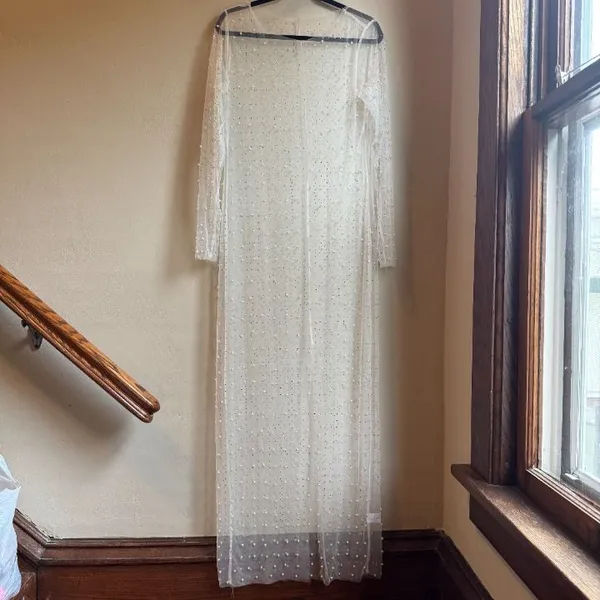 Women Sexy Sheer Mesh Pearls Beaded Cami Wedding Pearl Rhinestone Dress - Image 2