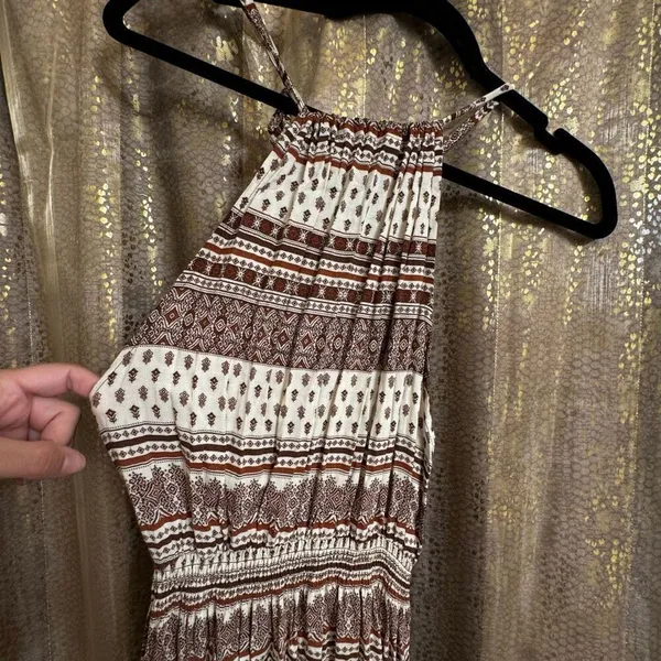 I Love H81 Long Maxi Brown Ivory Pattern Boho Halter‎ Neck Dress Small - Image 3