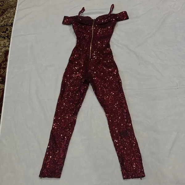 B. SMART Burgundy Sequin Prom Jumpsuit Off-The-Shoulder Sweetheart Gala Size 3/4 - Image 7
