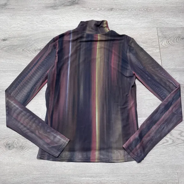 Bailey 44 Women‎ Small Sheer Mesh Mock Neck Top Abstract Stripe Small Brown - Image 2