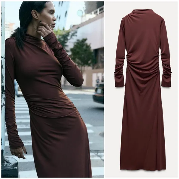 NWT Zara Draped Long Ruched Maxi Dress in Tobacco Brown Size XS - Image 2
