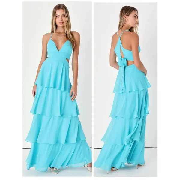 Lulus Tier and Now Blue Tie-Back Tiered Maxi Dress Size Large NWT Wedding Formal - Image 2