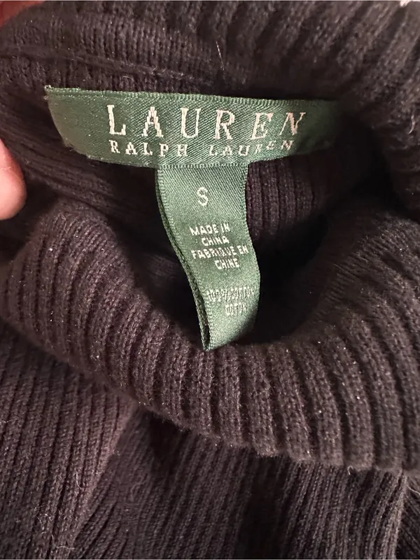 Ralph Lauren Black Ribbed Turtleneck Sweater Gold Buttons Epaulettes Preppy - Image 3
