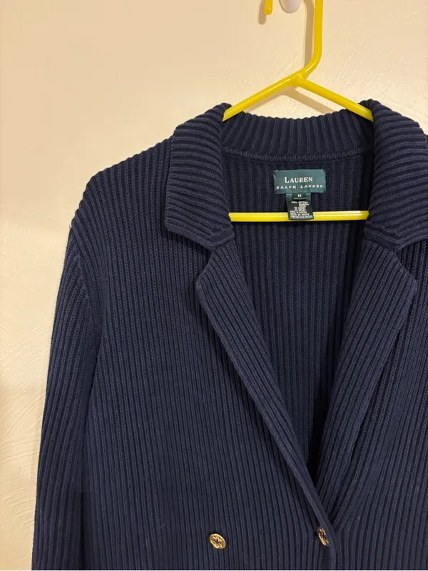 Lauren Ralph Lauren Navy Ribbed Cotton Double Breasted Cardigan M - Image 5