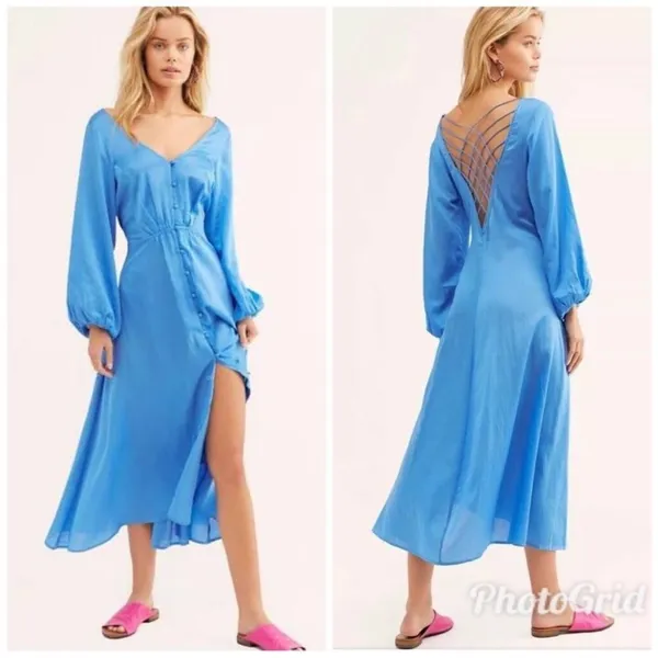 FREE PEOPLE Later Days Blue Button Front Long Sleeve Midi Dress Size‎ 0 New - Image 2