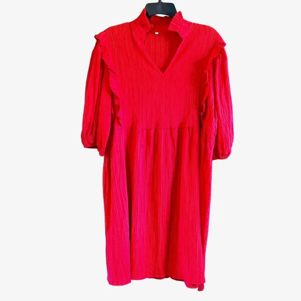 Womens Red Ruffle Shoulder‎ Dress Textured Puff Sleeve XL - Image 2