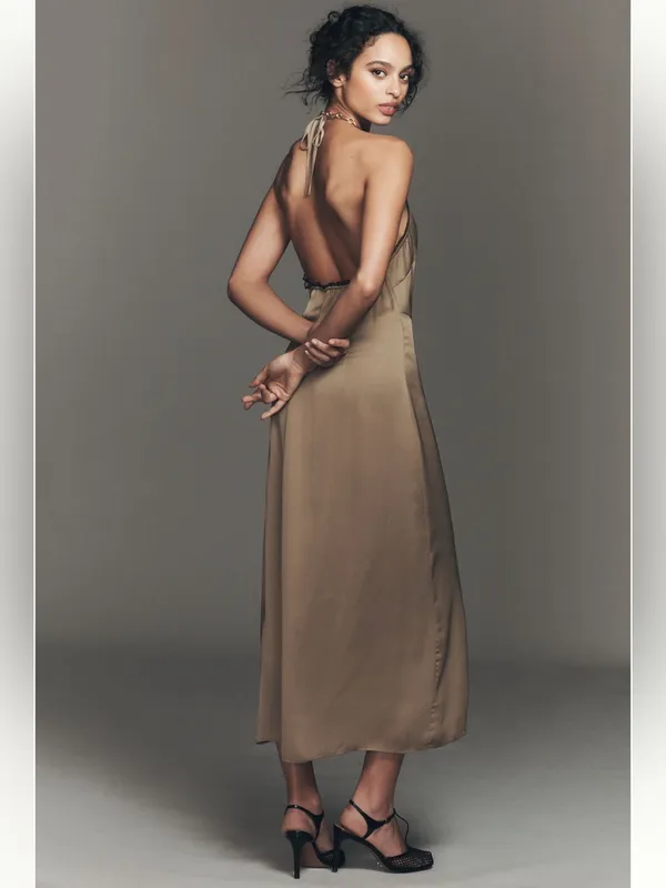 ANTHROPOLOGIE Lace Halter Midi Satin Slip Dress Taupe Size XL NEW - Image 4