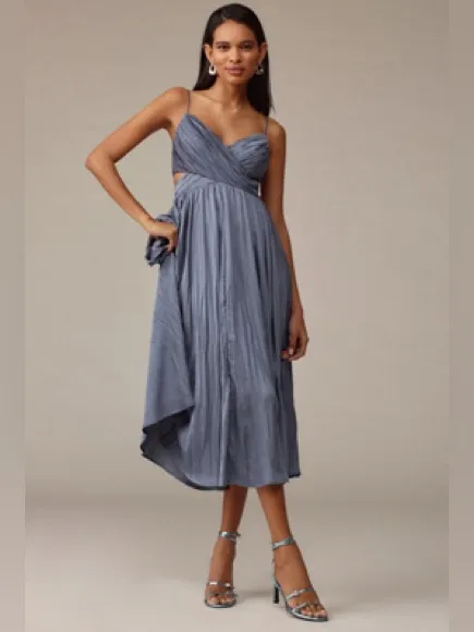 ASTR Capitola Pleated Blue Satin Midi Dress Large Wedding Guest Romantic Party - Image 9