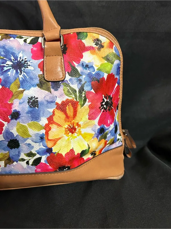 Bueno Floral Dome Satchel Handbag with Tan Trim & Red Interior - Image 3