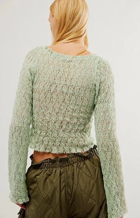 NWT Free People One Madison Top Smocked Lace Sheer Hook-Front Bell Sleeve Medium - Image 2
