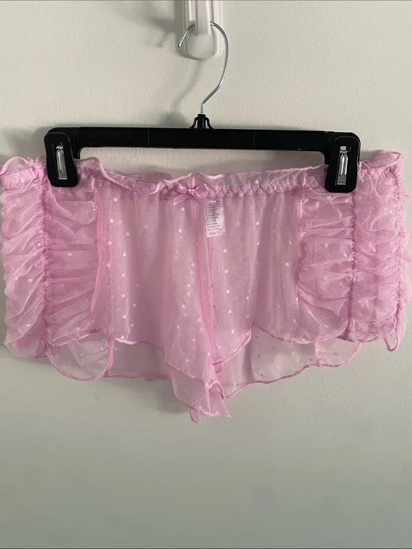 Carrie Amber Sheer Swiss Dot Ruched Bubblegum Pink Cami Shorts Set Size Large - Image 6
