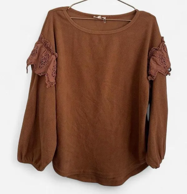 Entro fleece eyelet lace ruffle romantic cozy neutral brown top sz Small boho - Image 4