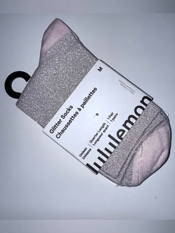 Lululemon Glitter Socks Quarter Length Blissful Pink with Silver Medium - Image 3