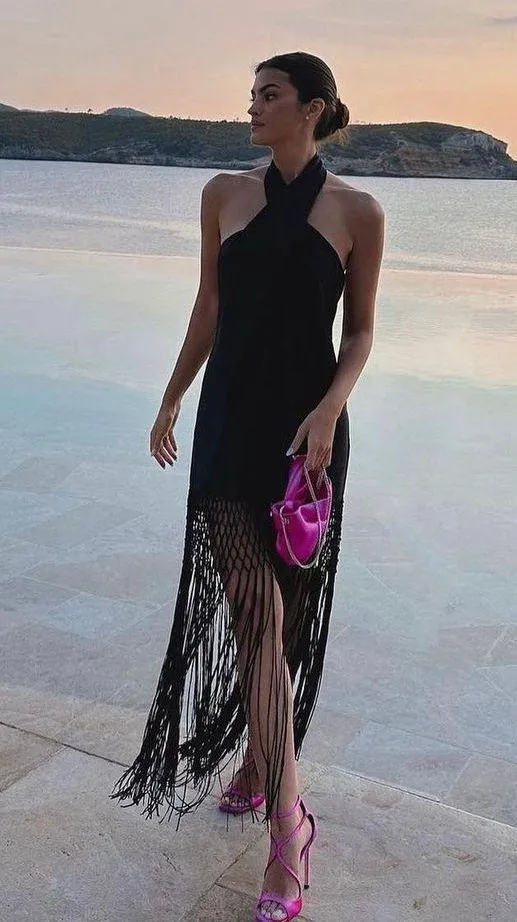 ZARA dress midi black halter neck linen fringed fringes boho - Image 4