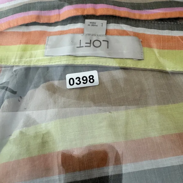 LOFT Women Lg Pink Orange Yellow Striped Square Neck Flutter Sleeve Cotton Top - Image 8