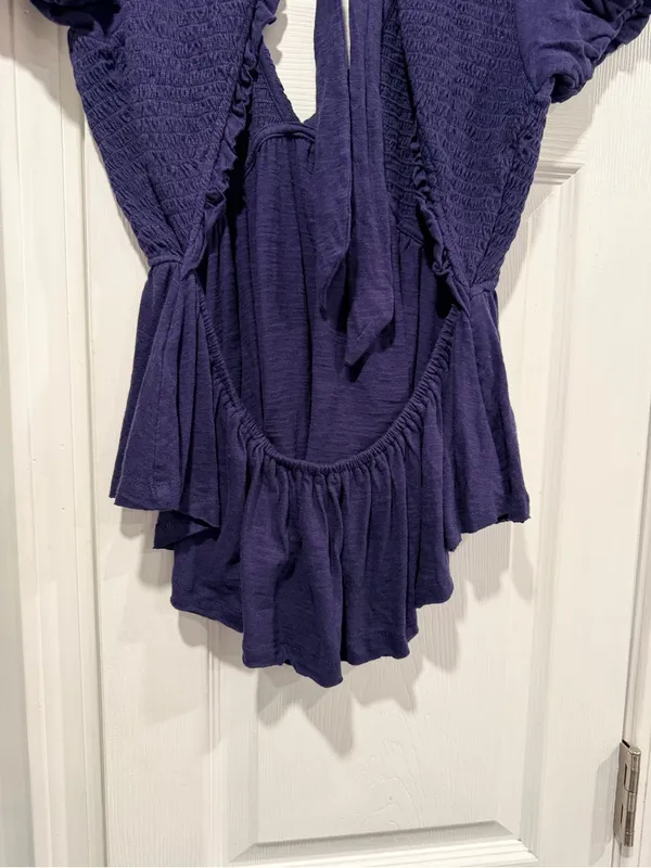 NWOT Free People Size S Blue Smocked Puff Sleeve Open Tie Back Babydoll Top - Image 6