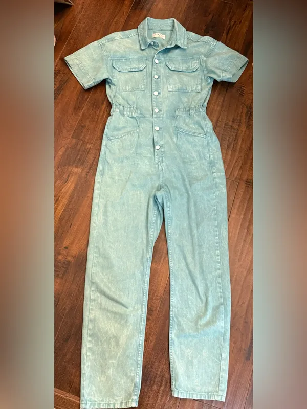 We The Free Marci Mint/Aqua Denim Overalls Jumpsuit Size Small - Image 3