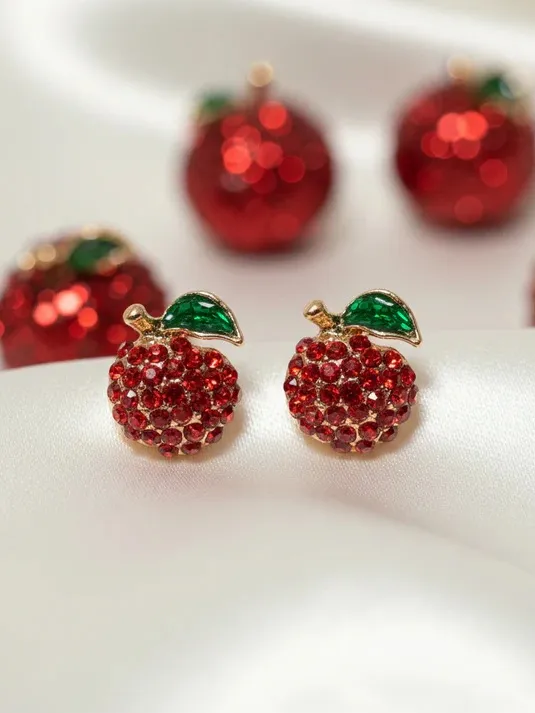 Red Crystal Apple Stud Earrings with Green Enamel Leaf - Image 2