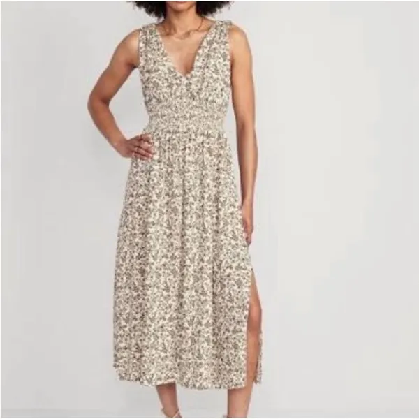 Old Navy Women's L Floral Smocked Waist V-Neck Maxi Dress Beige Brown Sleeveless - Image 2