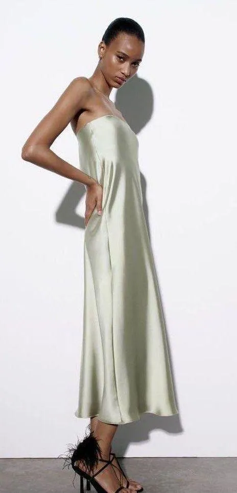 ZARA midi dress satin sleeveless tube olive green wedding party summer - Image 11