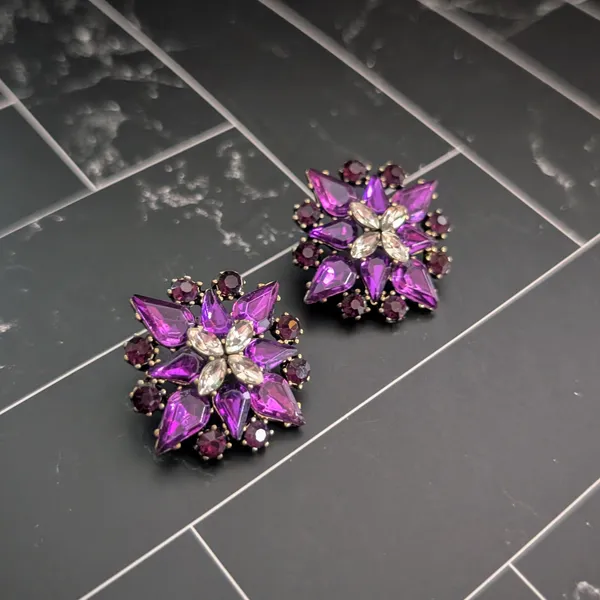 Vintage Stud Earrings 1.25" Purple & Clear Gems Regal Large Statement - Image 5