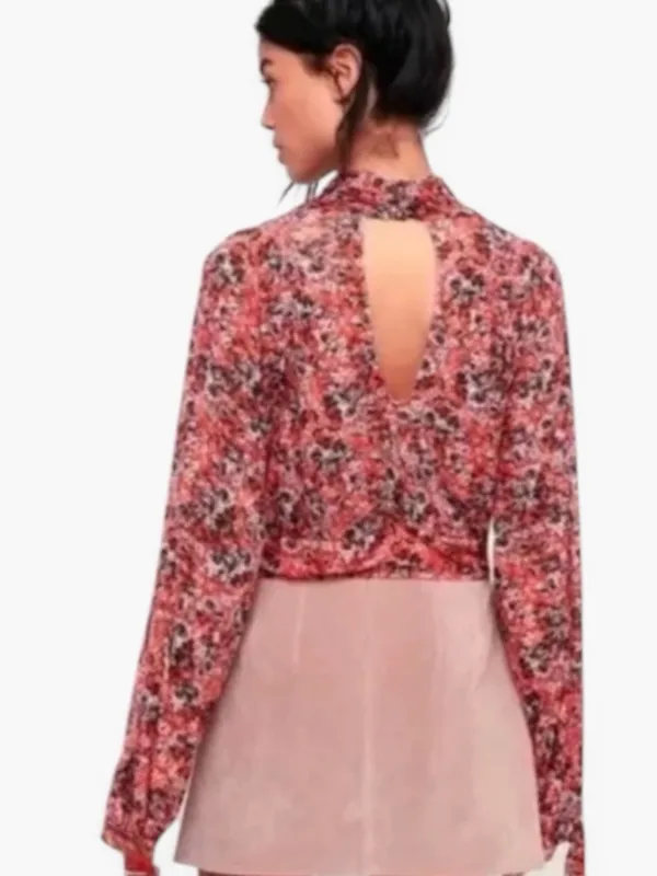 Free People All Dolled Up Top Red Combo Open Back Sheer Tie Cuffs Size Medium - Image 2