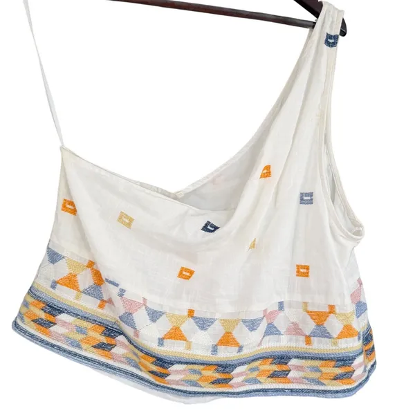 Free People One Shoulder Crop Top White Geometric Embroidered Boho Womens Medium - Image 4