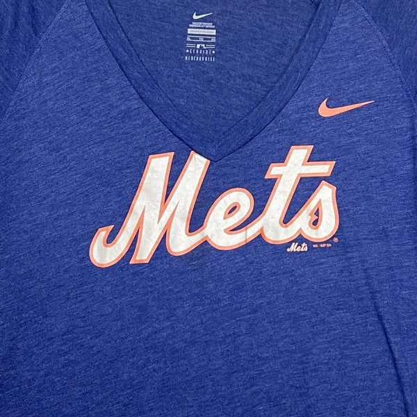 New York Mets Shirt Womens XL Blue MLB Baseball Nike V Neck Stripe Sleeves - Image 4