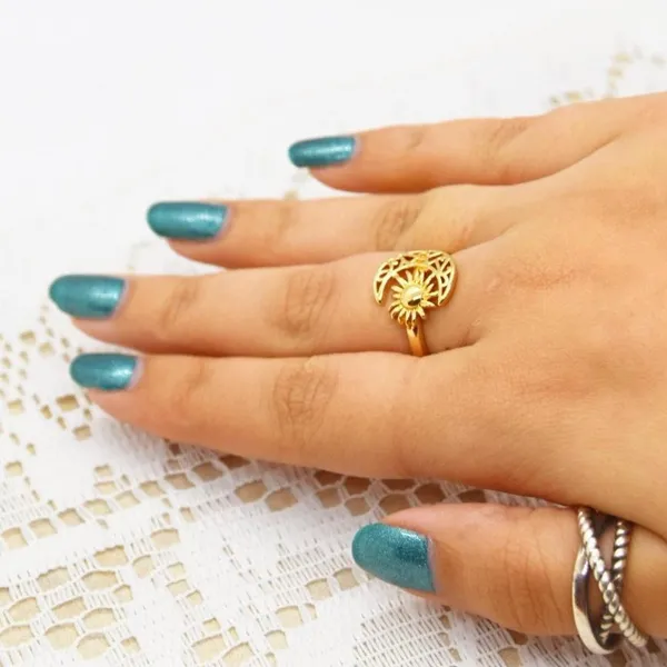 Crescent Moon and Sun Boho Ring Gold - Image 2