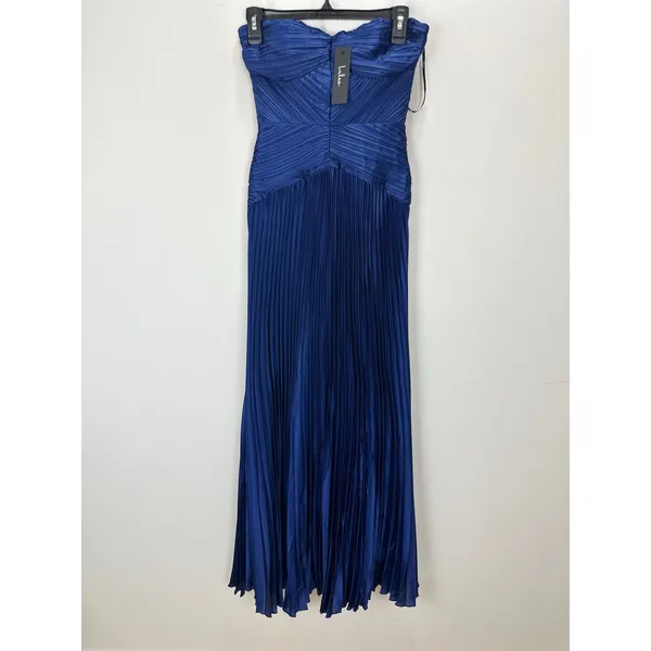 Lulus Elkay Navy Blue Pleated Satin Drop Waist Maxi Dress Formal Glam XS NWT - Image 6