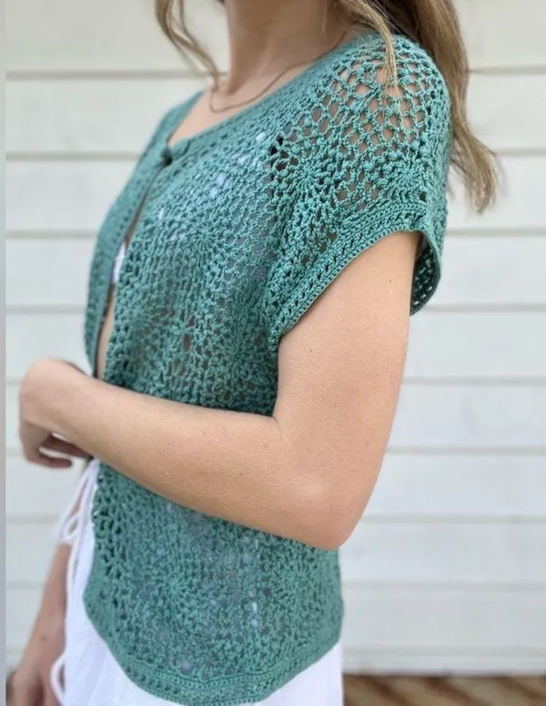Y2K Teal Crochet Short Sleeve Cardigan Coverup Button Closure - Image 4