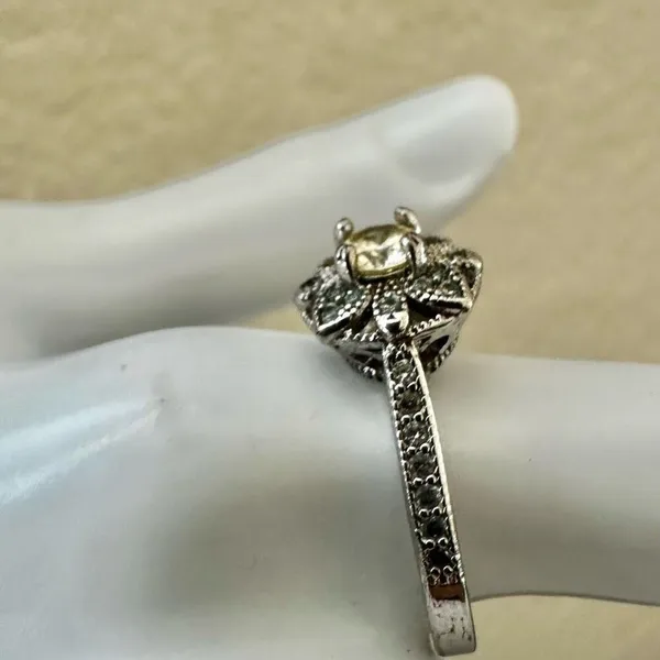 Vintage-Style Filigree Halo Ring with Pale Yellow Center Stone - Image 3