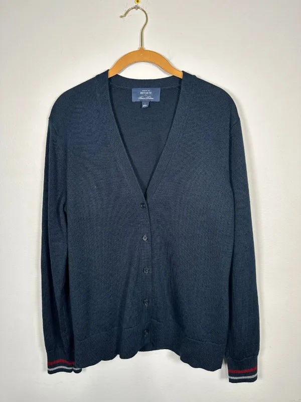 Brooks Brothers Large Womens Cardigan Striped Wrists Navy Blue V-Neck Wool Blend - Image 2