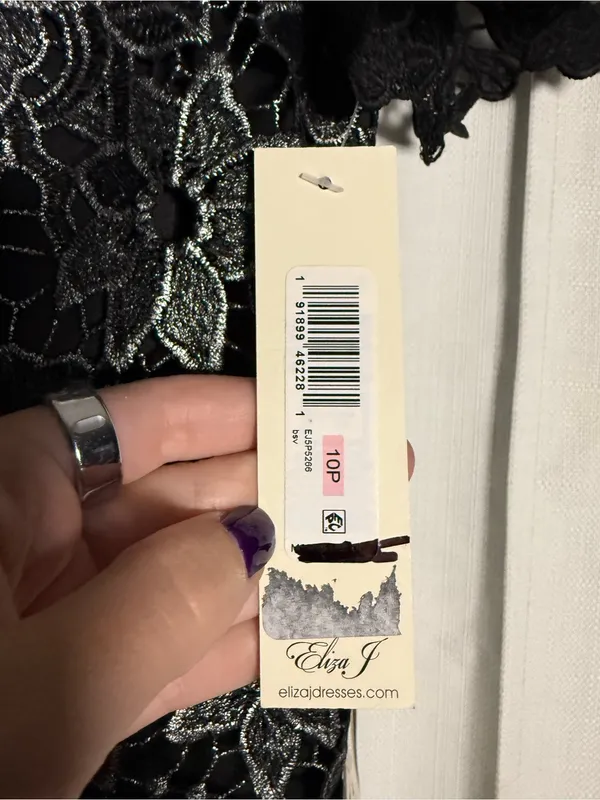 Eliza J Petite Black and Silver Square Neck Lace Fit and Flare Dress Size 10 P - Image 9