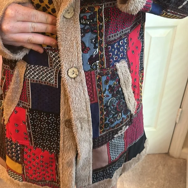 Patterned Fuzzy Lined Hoodie Jacket Tan Size M - Image 7