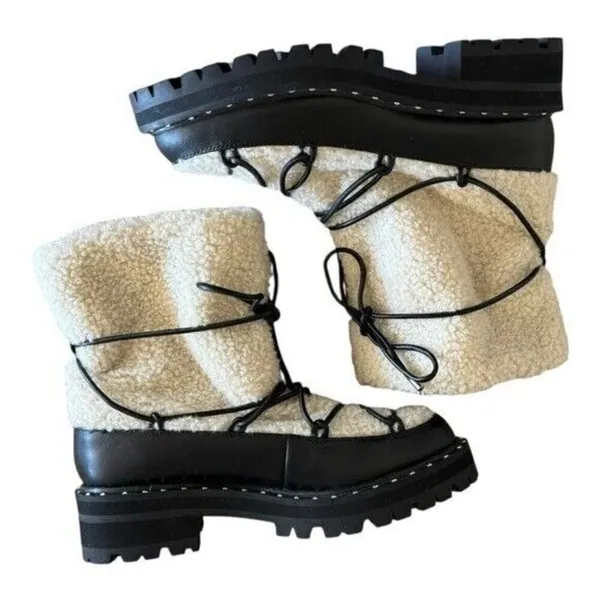 AQUA Fuzz Women’s Leather Lug Sole Sherpa Lace Up Winter Boot Black Size 6.5 - Image 4