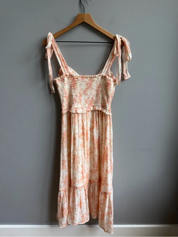 Altar’d State Peach Orange Floral Tie-Shoulder Smocked Midi Dress Medium - Image 5