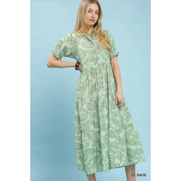 Umgee Paisley Print Tiered Midi Dress - Sage - Medium - Image 3