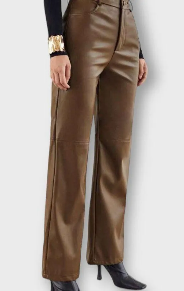 Brown Wide Leg Faux Leather Pants - Image 7