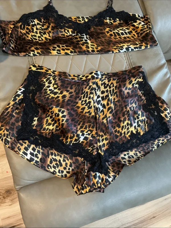 Victoria's Secret Leopard Print Satin Sleep Shorts in Brown and Gold - Image 2