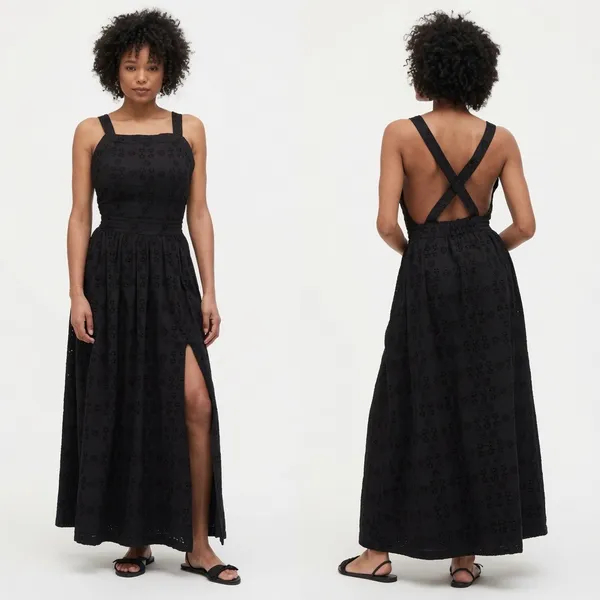 Black Eyelet Maxi Dress with Cross-Back Straps NWT - Image 2