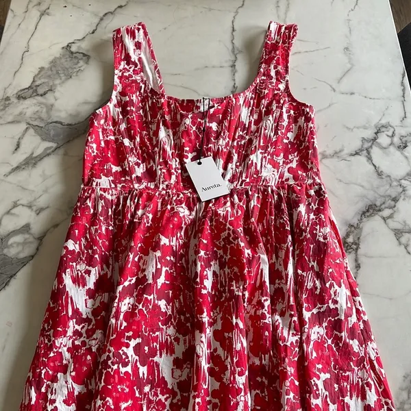 Anthropologie Aureta Square Neck Corset Midi A Line Dress Red White size M - Image 4