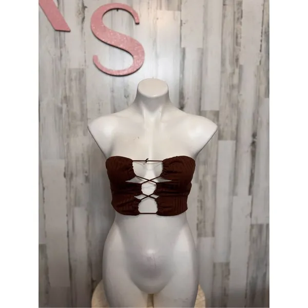 Brown Ribbed Knit Lace-Up Bandeau Crop Top Women’s XS - Image 2