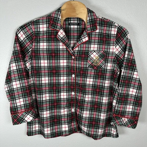Lauren Ralph Lauren Fleece Pajama Set Womens XL Red Green Plaid Sleepwear‎ Logo - Image 2