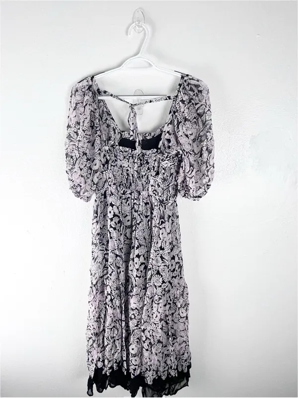 ANTHROPOLOGIE Black Squareneck Sheer Puff Sleeves Smocked Back Tie Midi Dress XS - Image 2