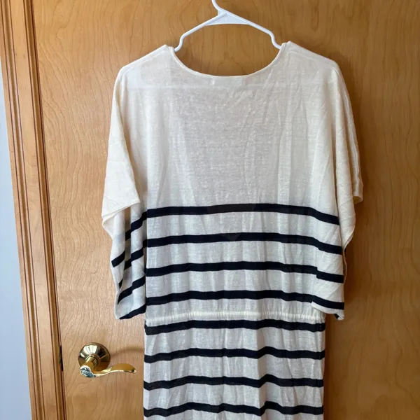 FRAME Striped Maxi Dress Womens S Cream Navy Mustard Linen Blend V-Neck Slit - Image 10